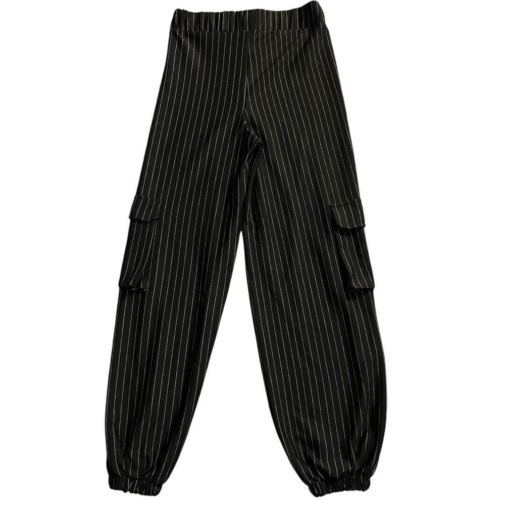 Urban Outfitters  Women Black Striped Pockets Gathered Ankle Cargo Pants Sz S